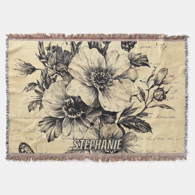Rustic Flowers and Butterfly - Aged Paper (9) Throw Blanket (Front)