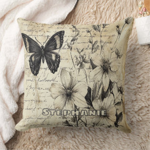 Rustic Flowers and Butterfly - Aged Paper Cushion