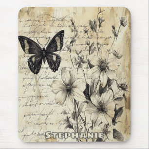 Rustic Flowers and Butterfly - Aged Paper Mouse Mat