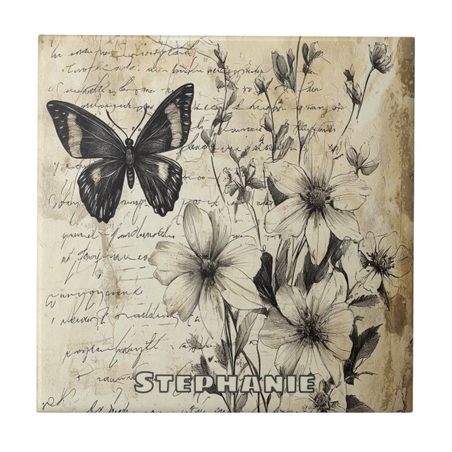 Rustic Flowers and Butterfly - Aged Paper Tile (Front)