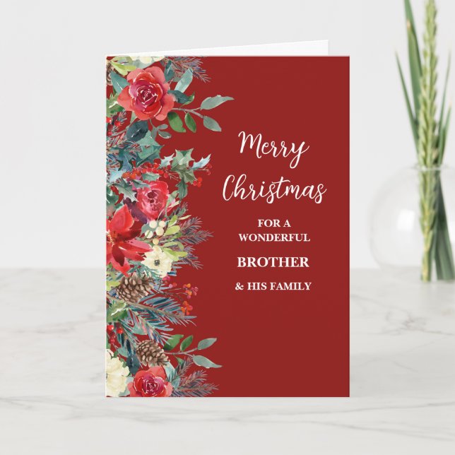 Rustic Flowers Brother & Family Merry Christmas Card (Front)