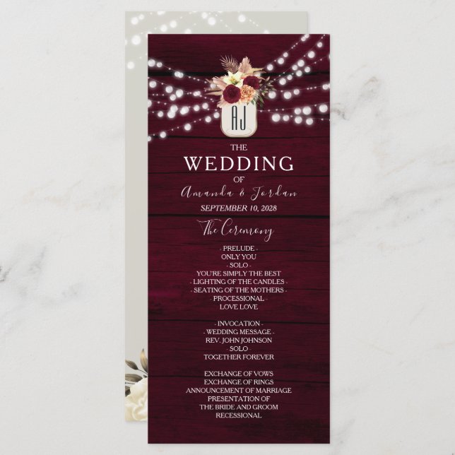 Rustic Flowers Burgundy Wedding Program Programme (Front/Back)