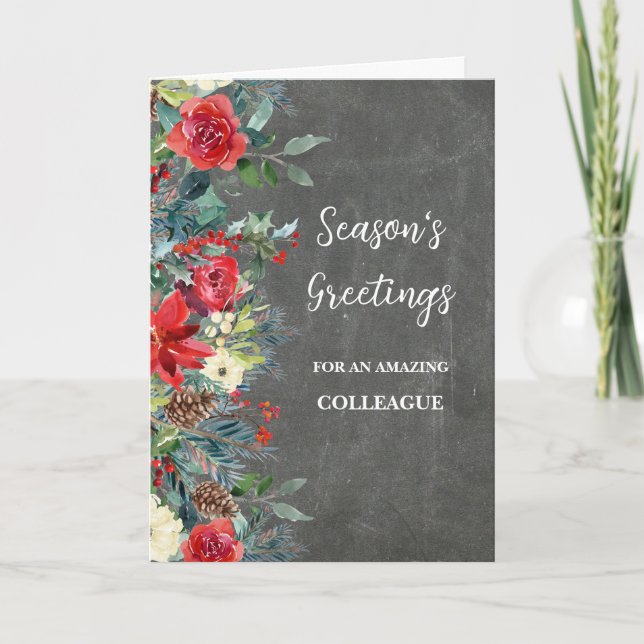 Rustic Flowers Colleague Christmas Holiday Card (Front)