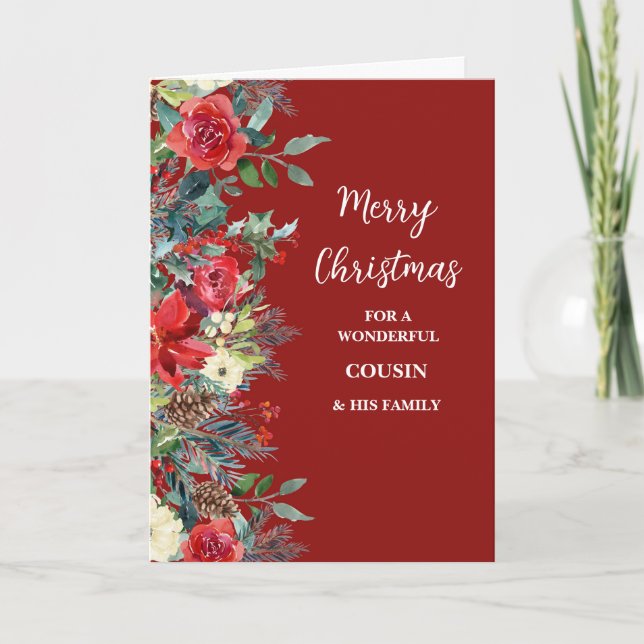 Rustic Flowers Cousin & Family Merry Christmas Card (Front)
