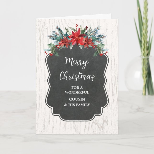 Rustic Flowers Cousin & Family Merry Christmas Card (Front)