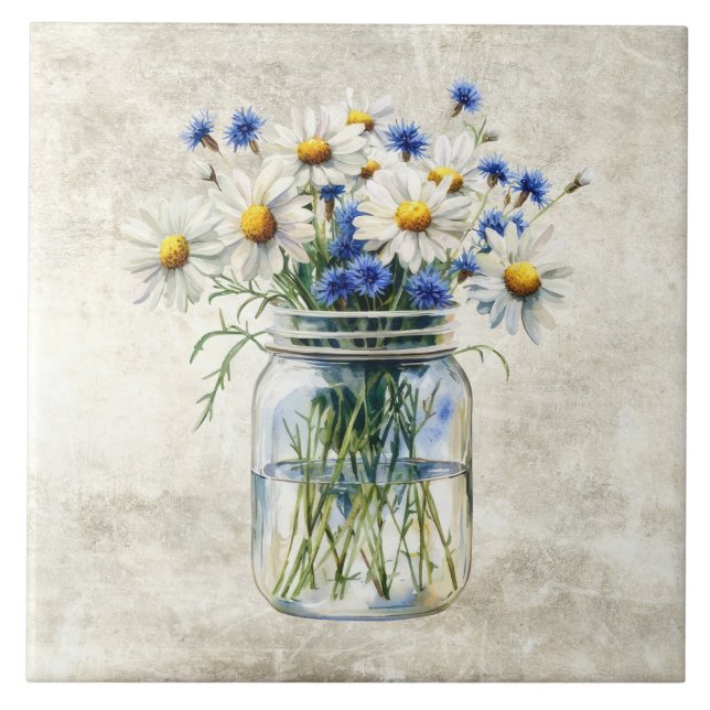 Rustic Flowers Daisies in Vintage Jar  Tile (Front)