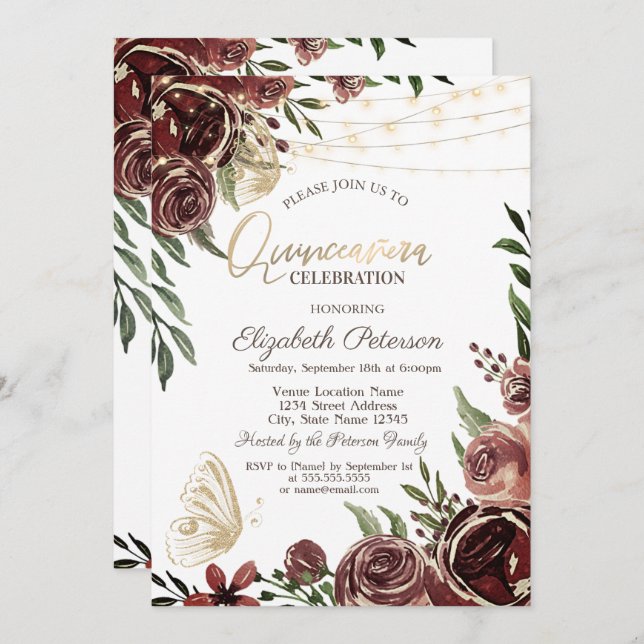 Rustic Flowers Glitter Butterflies  Invitation (Front/Back)