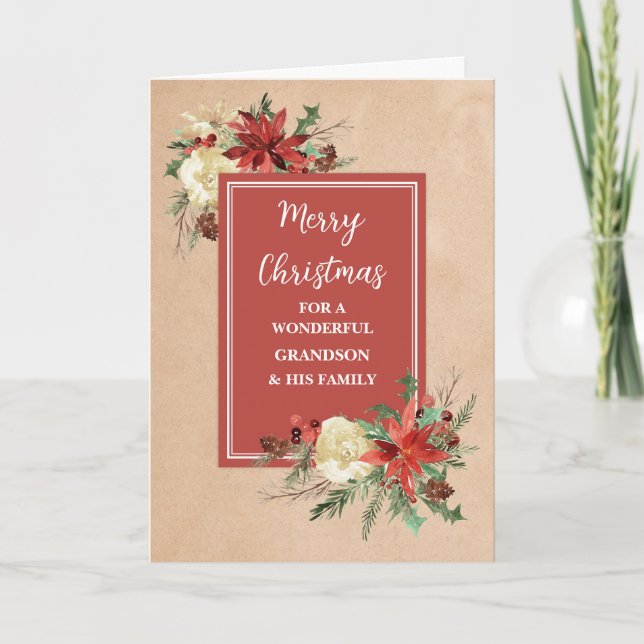 Rustic Flowers Grandson & Family Merry Christmas Card (Front)