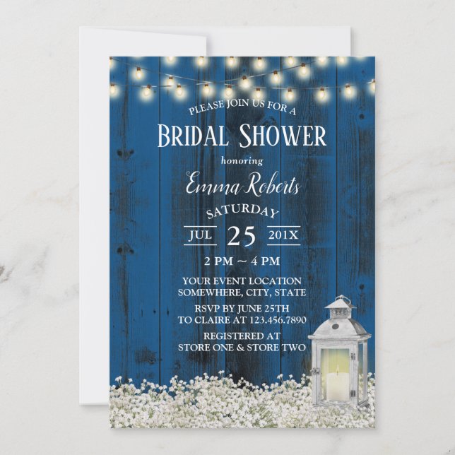 Rustic Flowers & Lantern Blue Barn Bridal Shower Invitation (Front)