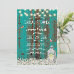 Rustic Flowers & Lantern Teal Wood Bridal Shower Invitation