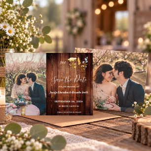 Rustic flowers monogrammed photo Save the Date Invitation