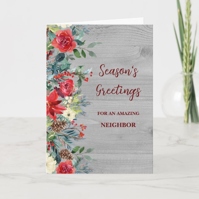 Rustic Flowers Neighbour Christmas Holiday Card (Front)