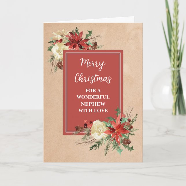 Rustic Flowers Nephew Merry Christmas Card (Front)