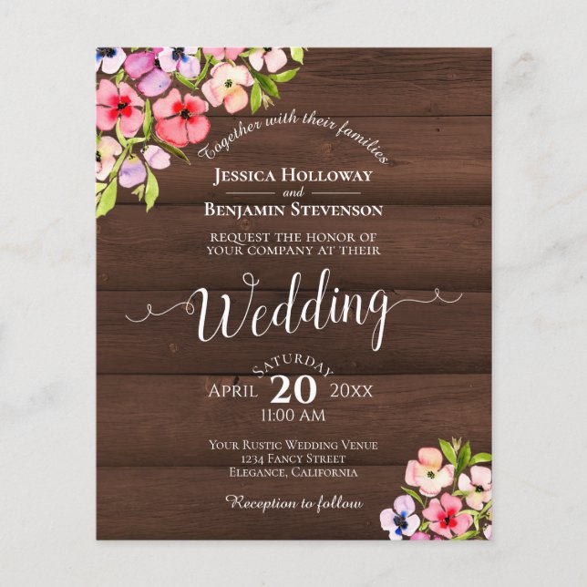 Rustic Flowers on Wood BUDGET Wedding Invitation (Front)