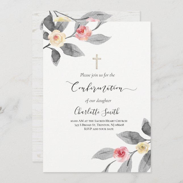 rustic flowers on wood Confirmation Invitation (Front/Back)