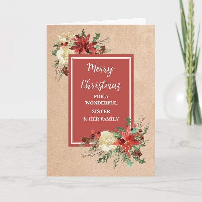 Rustic Flowers Sister & Family Merry Christmas Card (Front)