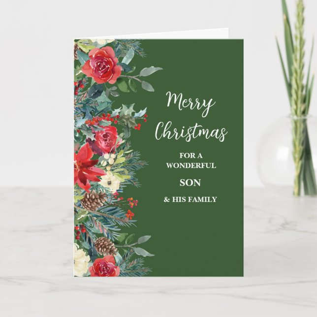 Rustic Flowers Son & Family Merry Christmas Card (Front)