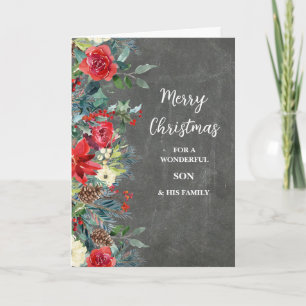 Rustic Flowers Son & Family Merry Christmas Card