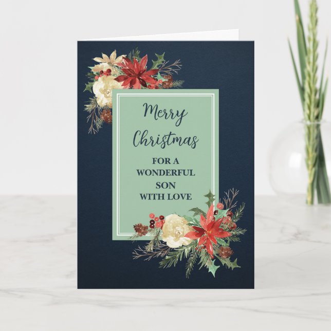 Rustic Flowers Son Merry Christmas Card (Front)