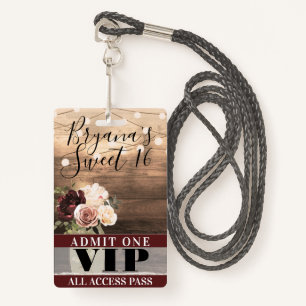 Rustic Flowers & String Lights Sweet 16 VIP Pass ID Badge