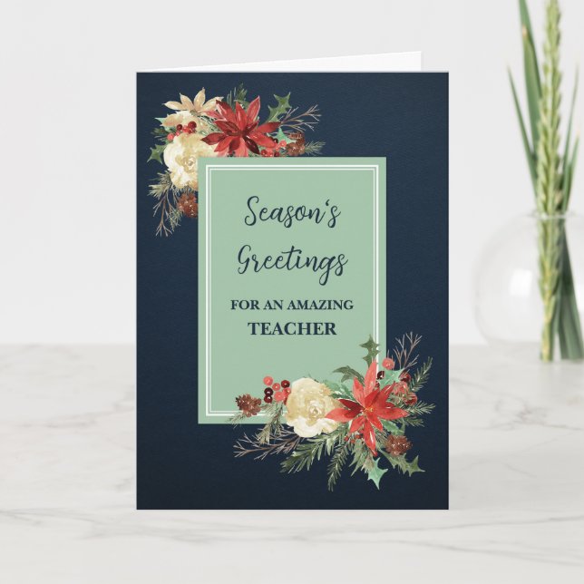 Rustic Flowers Teacher Christmas Holiday Card (Front)