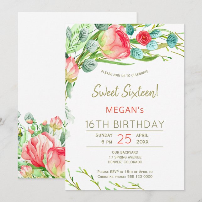 Rustic flowers watercolor modern sweet sixteen invitation (Front/Back)