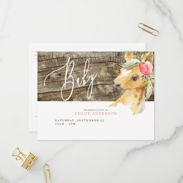 Rustic Foal Baby Girl Shower Invitation Postcard (Front/Back In Situ)