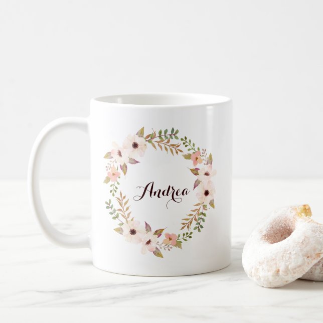 Rustic Foliage and Floral Wreath Personalised Mug (With Donut)