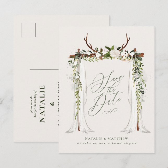 Rustic foliage botanical wedding save the date announcement postcard (Front/Back)