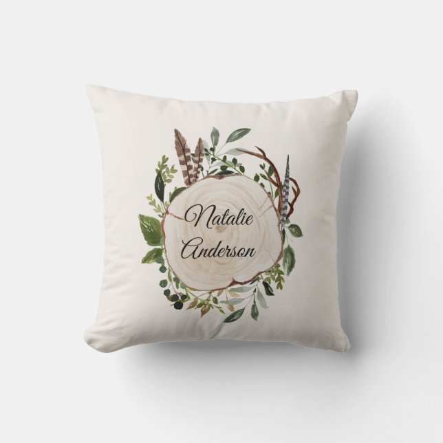 Rustic foliage chalk wood slice  cushion (Front)