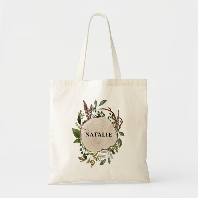 Rustic foliage chalk wood slice personalised tote bag (Front)
