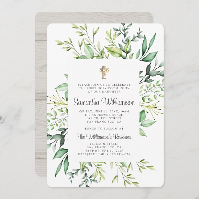 Rustic Foliage Cross First Communion Invitation (Front/Back)