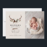 Rustic foliage, floral and stag birth announcement<br><div class="desc">Rustic foliage,  floral and stag photo birth announcement card. With beautiful watercolor foliage,  white florals,  wood slice and script hand writing.</div>