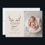 Rustic foliage, floral and stag birth announcement<br><div class="desc">Rustic foliage,  floral and stag photo birth announcement card. With beautiful watercolor foliage,  white florals,  wood slice and script hand writing.</div>