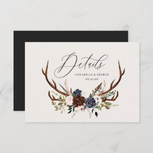 Rustic foliage, floral and stag wedding details save the date