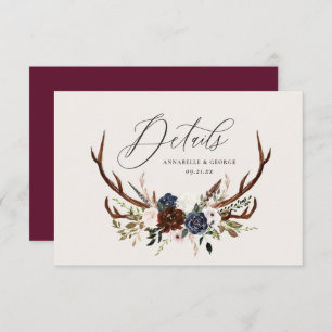 Rustic foliage, floral and stag wedding details save the date