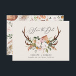 Rustic foliage, floral and stag wedding save the date<br><div class="desc">Rustic foliage,  floral and stag antlers wedding save the date card. With beautiful watercolor foliage,  white florals,  wood slice and script hand writing. This modern invite is sure to set the style for your upcoming party.</div>