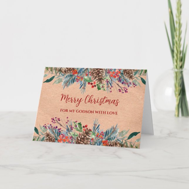 Rustic Foliage Godson Merry Christmas Card (Front)