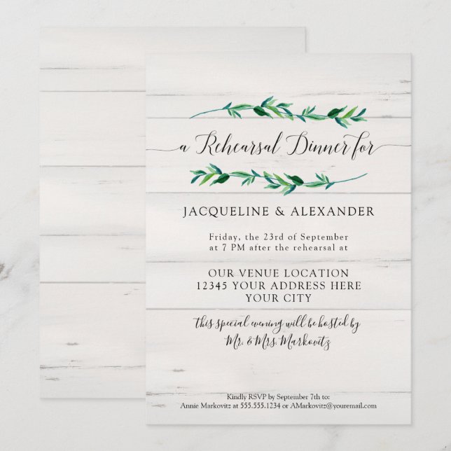 Rustic Foliage Greenery Watercolor White Wood Invitation (Front/Back)