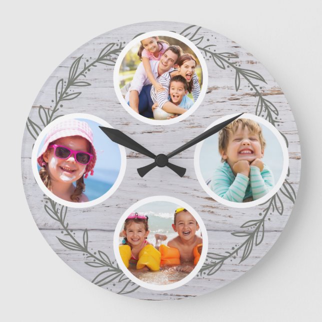 Rustic Foliage Keepsake Family Multi Photo Large Clock (Front)