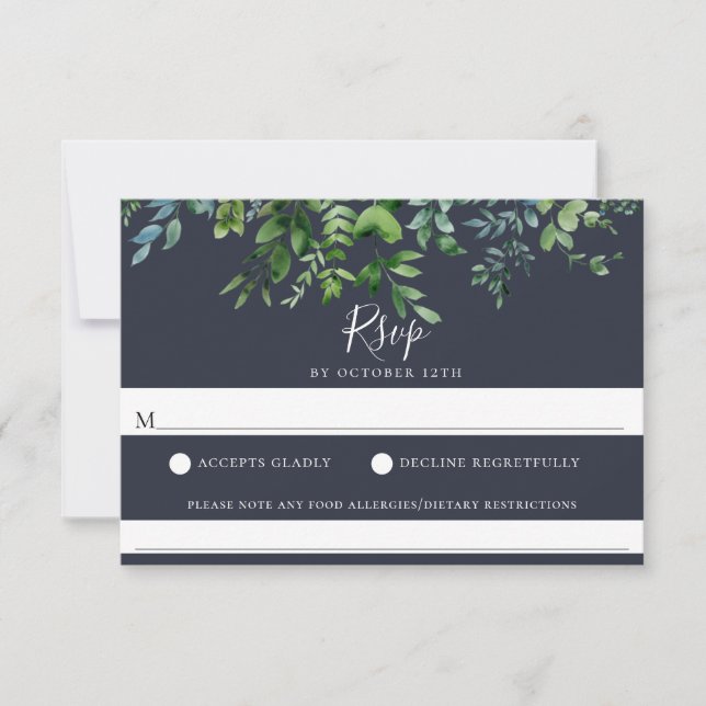Rustic Foliage Navy Blue Wedding Food Allergy RSVP Card (Front)