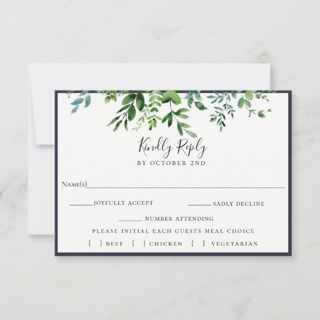 Rustic Foliage Navy Wedding RSVP Meal Choice Card (Front)
