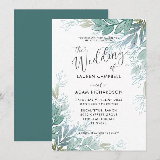 Rustic Foliage Sage Green & Teal Greenery Wedding  Invitation (Front/Back)