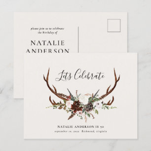 Rustic foliage stag antler fall birthday party announcement postcard