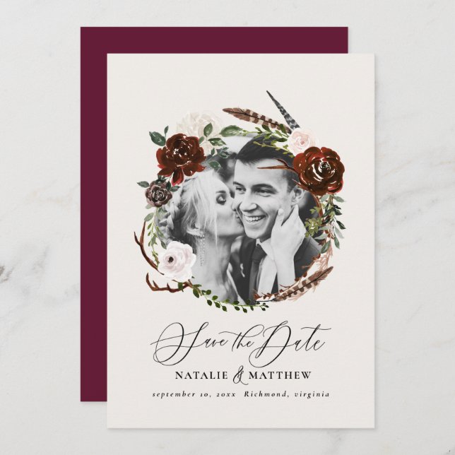 Rustic foliage, stag burgundy barn save the date  (Front/Back)