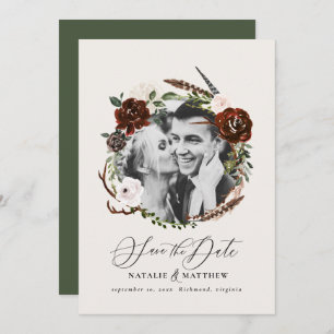 Rustic foliage, stag green barn save the date 
