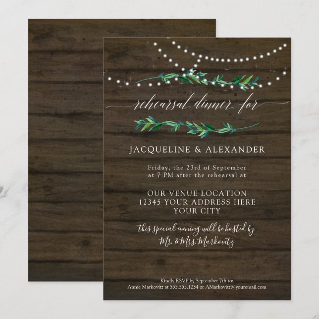 Rustic Foliage Twinkle Fairy Lights Dark Barn Wood Invitation (Front/Back)