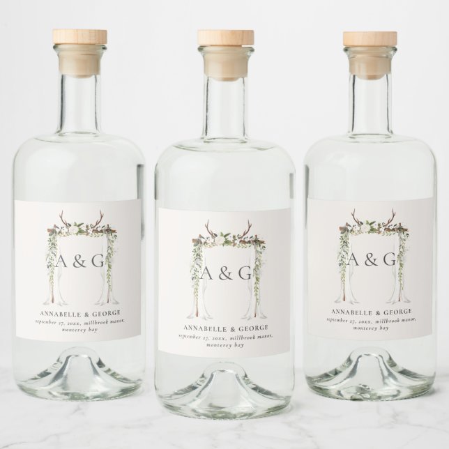Rustic foliage white floral stag canopy wedding liquor bottle label (Bottles)