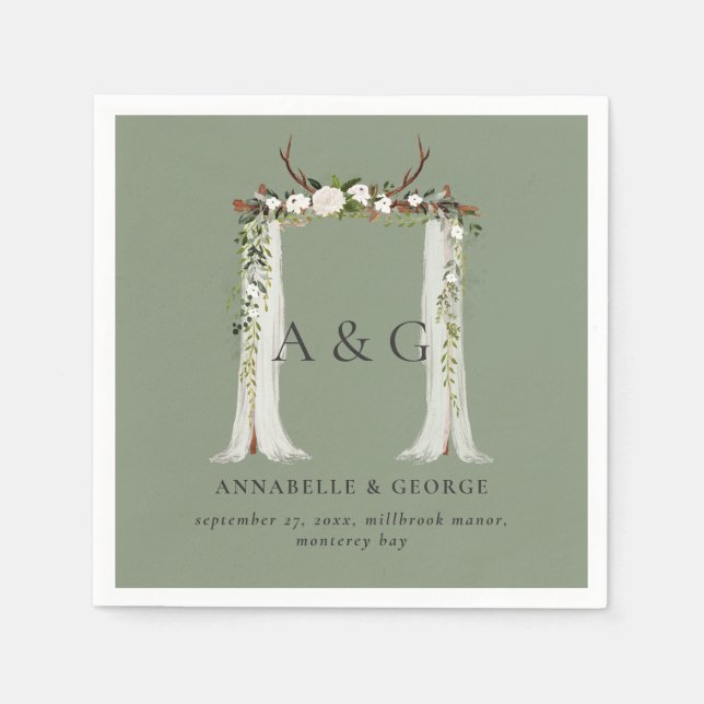Rustic foliage white floral stag canopy wedding  n napkin (Front)