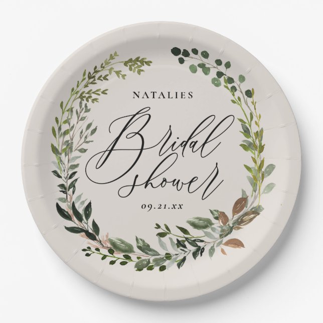 Rustic foliage wreath bridal shower party paper plate (Front)